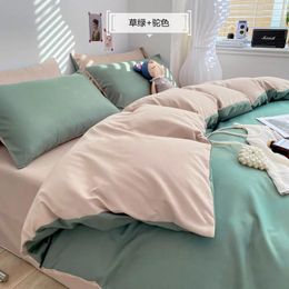 Bedding Sets Solid Color Four Piece Washed Cotton Japanese Simple Brushed Bed Sheet Quilt Cover Wholesale Dormitory Set