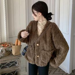 Women's Jackets Fashion Lamb Wool Coats Autumn Winter Thicken Warm Faux Fur Outwear Female Korean Loose V-Neck Furry Short Coat