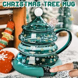 Mugs 2024 Christmas Tree Glass Cup Transparent Coffee Milk Mug Tumblers With Lid And Stirring Rod Kids Children's Gift