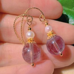 Dangle Earrings Natural Round Purple Chalcedony Pearl Beads Gold Ear Hook Bohemian Everyday Modern Drop Men Custom Gemstone Crystal