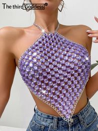 Sexy see through metal rhinestone Crop top women summer y2k streetwear tank Tops Club beach party halter top rave outfits 240326