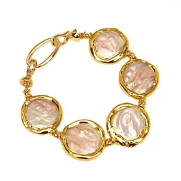 Strand G-G Natural Freshwater Pearl Pink White Mixed Colour Coin Gold Plated Egde Bracelet 8" For Women