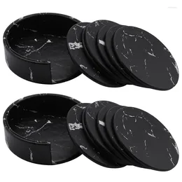 Table Mats Coasters For Drinks 12-Piece With Holder Marble Black Round Cup Mat Pad Set Of Home And Kitchen Use