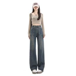 Cement gray high waisted wide leg jeans for womens spring 2024 new loose and slimming waist with adjustable floor length straight leg pants