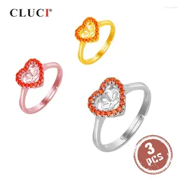 Cluster Rings CLUCI 3pcs 925 Sterling Silver Women Engagement Pearl Ring Mounting Adjustable Heart Zircon SR2155SB