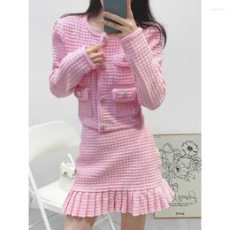 Work Dresses Sets For Women 2 Pieces 2024 Early Spring Pink Socialite Temperament Cardigan Coat Skirt Hip-Wrapped Outfit Round Neck