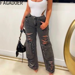 Women's Jeans FAGADOER Gray Fashion Hole Straight Denim Pants Women High Waisted Button Pocket Jean Trousers Female Casual Bottoms