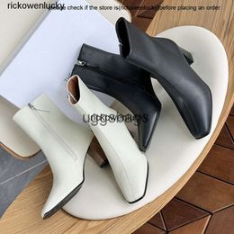 the row shoes Autumn and Winter Row Short Boots Square Headed Thick Heels Elegant Cowhide Small Style Side Zipper Womens Commuting High high quality