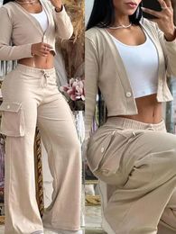 Women's Two Piece Pants 2024 Casual Autumn Women Sets Solid Color Long Sleeve High Waisted Cardigan Top & Elastic Waist Pocket Two-piece Set