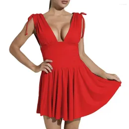 Casual Dresses Women Deep V Neck Sleeveless Pleated Bandage Mini Dress Summer Lace Up Backless Clubwear LYP-8219