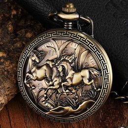 Pocket Watches Engraved Horse Bronze Skeleton Vintage Mechanical Pocket Steampunk Retro Fob Chain Necklace For Men Women Dropship L240402
