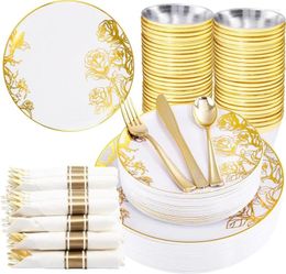 Disposable Dinnerware 210PCS Gold Plastic Plates Set With Floral Design Includes Dinner Dessert Per Rolled Napkins