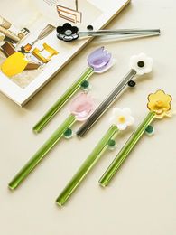 Spoons 1pc Creative High Borosilicate Coloured Transparent Glass Spoon Long Handle Lovely Flowers Ice Cream Dessert Coffee Stir