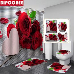 Shower Curtains Red Rose Flower Bath Mats Set Valentine's Day Fabric Curtain Bathroom For Home Decor Non-Slip Rug Toilet Cover