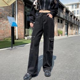 Women's Jeans Black Denim Cargo Pants Loose Straight Size Slim Wide Leg Fat Mm High Waist Elastic Trousers