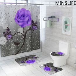 Shower Curtains Purple Flowers And Butterflies Pattern Bathroom Sets With Carpet Cover Toilet Bath Mat Pad Rugs Home Decor