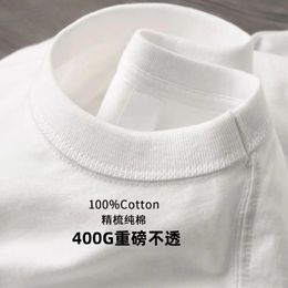 Double Yarn 400G Heavy Duty Short Sleeve T-shirt Men Summer Pure Cotton Thick Small Neckline Pure White American Half Sleeve 240325
