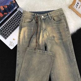 Yellow Mud Washed and Worn-out Straight Drawstring Jeans for Mens Loose Casual Youth Ruffled Handsome Dad Pants