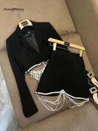 Autumn Black 2024 / White Rhinestone Chains Two Piece Dress Sets Long Sleeve Notched-Lapel Blazers Top & Short Skirt Suits Set O3l012237