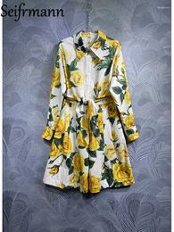 Women's Tracksuits Seifrmann High Quality Summer Fashion Runway Women Shorts Set Yellow Flowers Print Single Breasted Shirt Two Pieces Sets