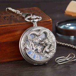 Pocket Watches New Silver-White Flying Dragon Sculpture Mechanical Pocket Hollow-Out Case Analogue Skeleton Mens Mechanical Pocket L240402