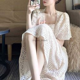 French style hollowed out lace dress 2024 new summer lady light and mature style slim square neck long dress for women