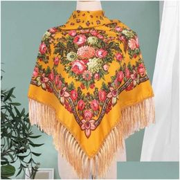 Scarves Russian Style Floral Print Square Scarf Women Ethnic Fringed Bandana Shawl Babushka Handkerchief Female Blanket Head Drop Del Dherf