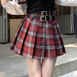 Skirts Dual-Belt Plaid Pleated Mini Skirt High Waist Boxy Tartan Women Teengirl Preppy 90s Y2K Aesthetic Spring Summer Outfit