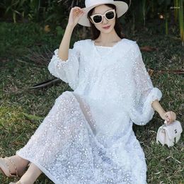 Casual Dresses High-End Spring Fashion Women's V-Neck Spliced Ruffle Edge Embroidery Beaded Loose Silk Mid Length Dress One Size