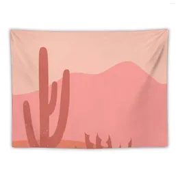 Tapestries Pastel Pink Desert Landscape Cactus Silhouette Mountains Monochrome Colours Tapestry Decoration Aesthetic House