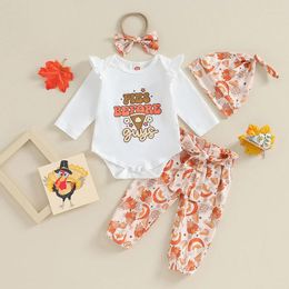 Clothing Sets BeQeuewll Infant Girl Thanksgiving Clothes Letter Print Long Sleeve Romper Turkey Pattern Pants Hat Bow Headband Outfit