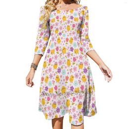 Casual Dresses Baby Chicks Spring Florals Pattern Square Neck Dress Cute Loose Print Elegant Beach Party Chicken