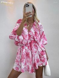 Casual Dresses Clacive Sexy Loose Print Women's Dress 2024 V-Neck Puff Sleeve Mini Elegant Classic Pleated Female Sundresses