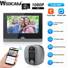 Doorbell Wsdcam WiFi 4.3 Inch LCD Peephole Camera Night Vision Door Bell Smart PIR Recording Peephole Doorbell 137° Wide Angle