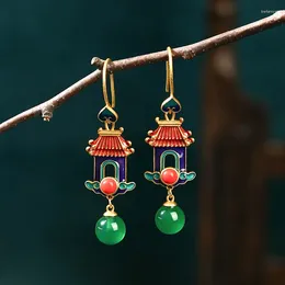 Dangle Earrings S925 Temple Fair Stall Medium Enamel Gold-Plated Court Retro Style Natural Green Chalcedony