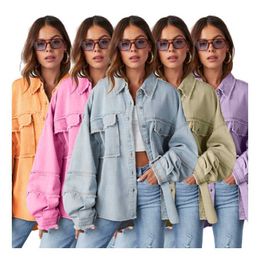 Channel 5 Colors Fall 2023 Button Down Long Sleeve Womens Oversized Boyfriend Distressed Frayed Denim Shirt Jacket Shacket