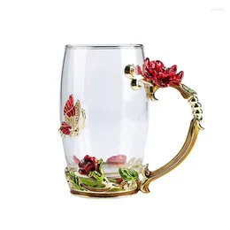 Cups Saucers Glass Enamel Colour Water Cup Fashion Art Teacups Home Office Creativity 3D Flower Drinkware E11609