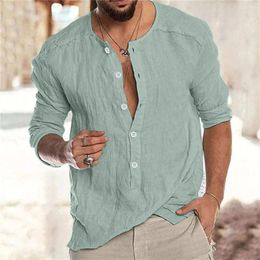 Men's Casual Shirts Mens Fashion Solid Colour Cotton And Buckle Long Sleeve Shirt Top Blouse Large T