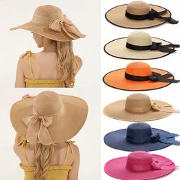 15CM Wide Brim Beach Straw Hats For Women Simple Foldable Summer Outing Sun Hat Fashion Flat Brom Bowknot Uv Protection Panama 240403