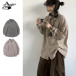 Harajuku Thin Shirt Men Women Japanese City Boy Loose Longsleeved Tops Vintage Plaid Striped Cargo Cardigan Jacket Spring 240326