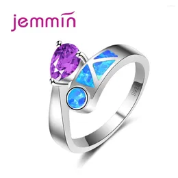 Cluster Rings Purple Water Drop Blue Fire Opal Ring CZ Crystal 925 Sterling Silver Jewelry Valentine's Day Gift For Women
