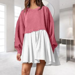 Casual Dresses Women Oversized Sweatshirt Dress Asymmetrical Hem Crewneck Ruched Solid Colour Pullover Flowy Pleated