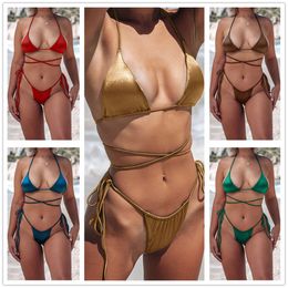 2024 New Womens Solid Colour Sexy Triangle Bag Binding Bikini Swimsuit Womens Swimsuit