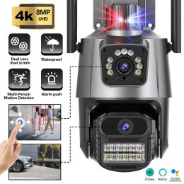 Cameras 8MP 4K Wifi Camera Dual Lens Security Protection Waterproof Security CCTV Video Surveillance Camera Police Light Alarm IP Camera