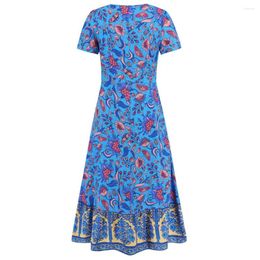 Casual Dresses Floral Dress Loose Fit Bohemian Print V Neck Summer With Patchwork Hem For Women Retro Style Mid-calf Length