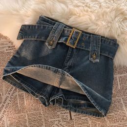 Y2K Summer A-line Miniskirt High Waist Street Fashion Denim Retro Straight Tube Hip Wrap Skirt Womens Belt Skirt 240403