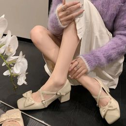 Dress Shoes Women's Square Head Sweet Style Cross Buckle Thick Heel Shallow Mouth Single Cute Bowknot Patent Leather Mary Jane