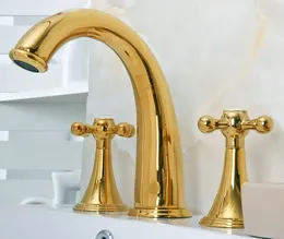 Bathroom Sink Faucets Golden Brass Two Cross Knob Widespread Basin Faucet And Cold Water Tap Deck Mounted Three Hole Dgf021