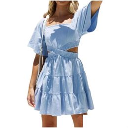 Urban Sexy Dresses Party Women Summer Dress Plain Midi Sleeve Square Neck Ruched Elastic Band Hollow Ladies Party/Club/Bar Style Outf Dho7L