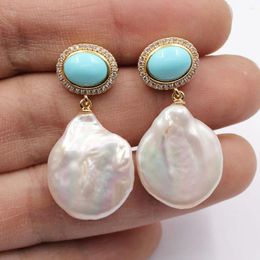 Dangle Earrings GG Jewellery Freshwater Cultured White Keshi Coin Pearl Blue Turquoises Cz Pave Office Style For Women